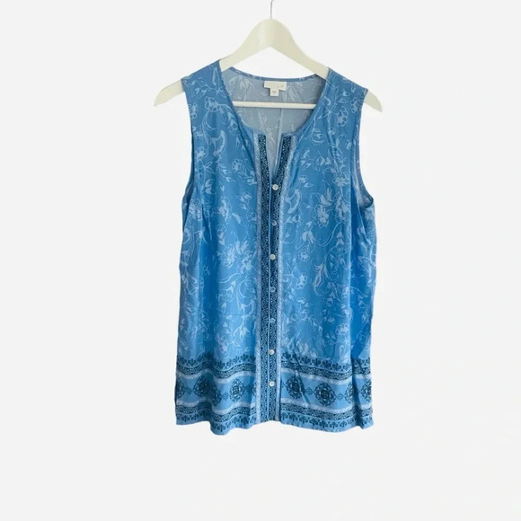 J.Jill Blue Tank Tunic Blouse Size Small Boho Blue Floral Sleeveless - Picture 2 of 7